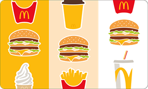 Physical gift card with McDonald’s menu items: French fry, Big Mac, drink, ice cream cone, coffee