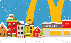 Physical gift card with snow falling on a neighborhood of houses next to a McDonald’s store with the McDonald’s Arch in the background