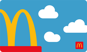 Physical gift card with McDonald’s Arch with blue sky and puffy white clouds as the background
