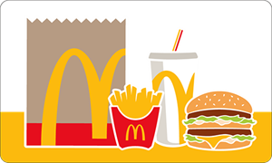 Physical gift card with a McDonald’s Bag, French fry, drink and Big Mac
